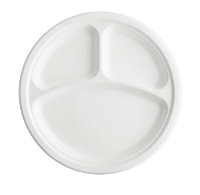 BY CASE - 9" OR 10" Compostable White Plant Fiber Plate 1 OR 3 Compartment 500 CT/CS