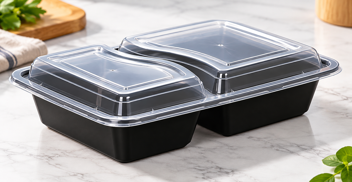 32 oz Black Rectangular Microwavable Food Container With 2 Compartments - 150 ct/case