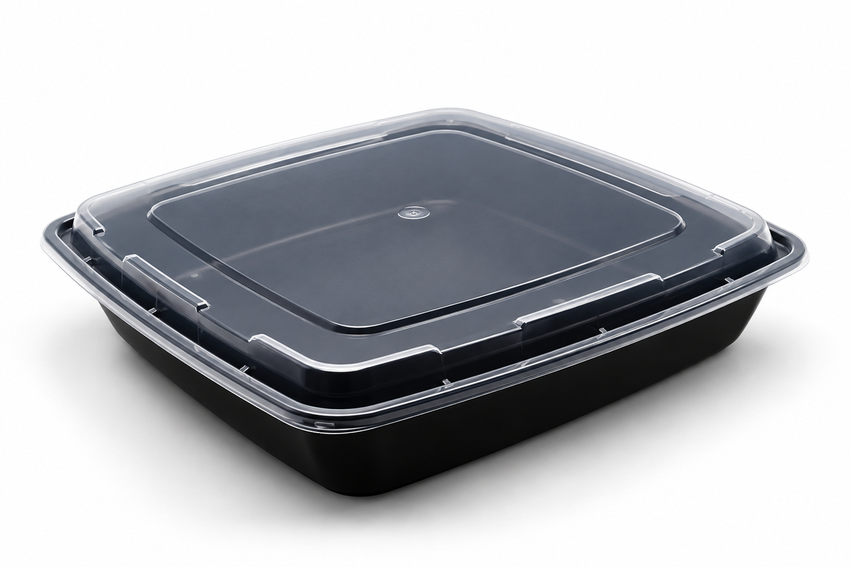 BY CASE - 12oz~58oz Black Rectangular Microwavable Container with Lid - 150/Case