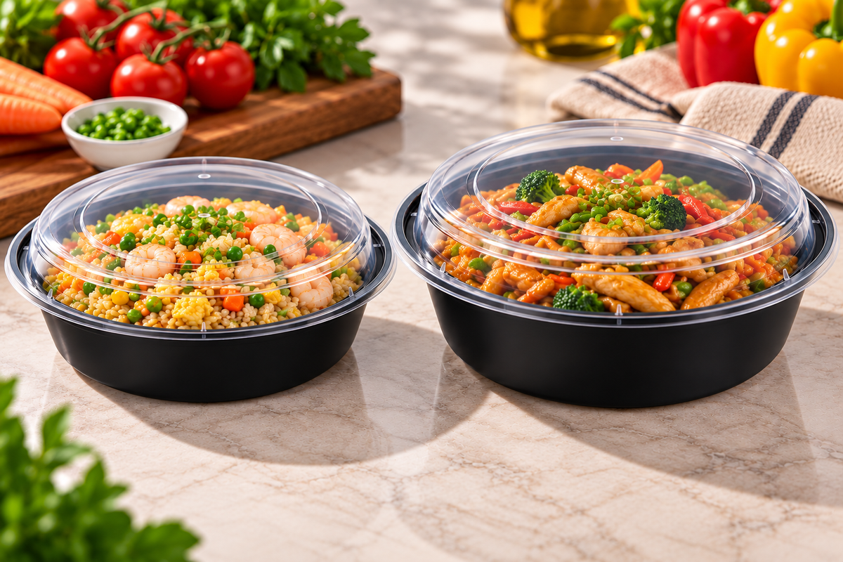 BY CASE - 16oz ~ 48oz Black Round Microwavable Container with Lid - 150/Case