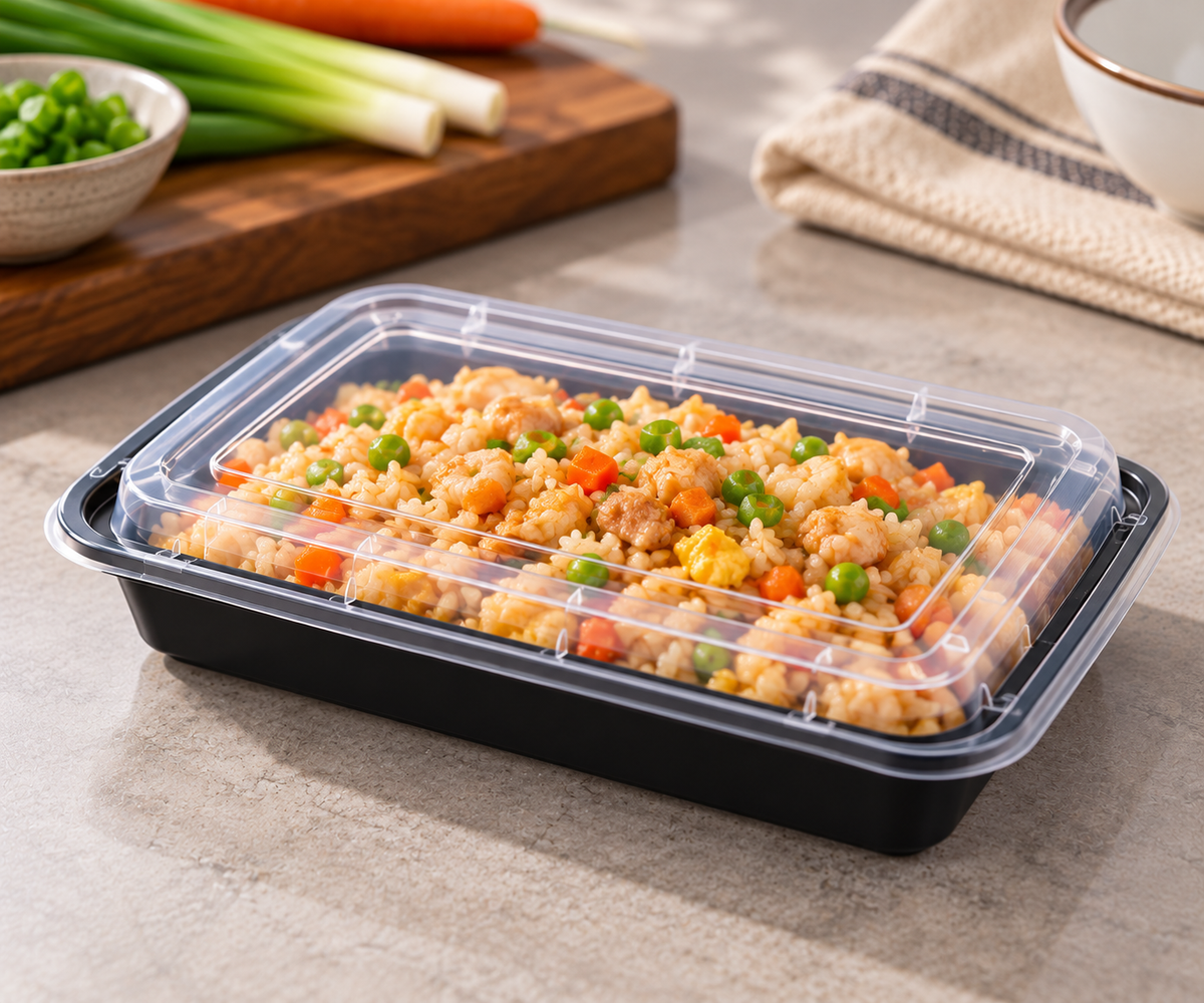 BY CASE - 12oz~58oz Black Rectangular Microwavable Container with Lid - 150/Case
