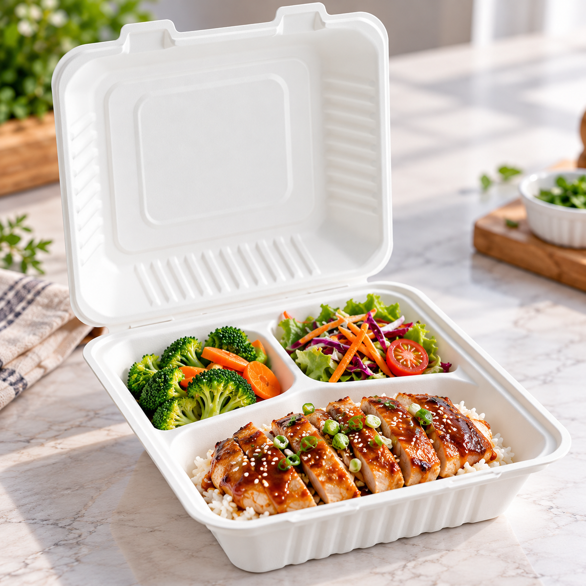 BY Pack - 8" OR 9" Compostable White Plant Fiber Clamshell 1 OR 3 Compartments 50 CT/PACK