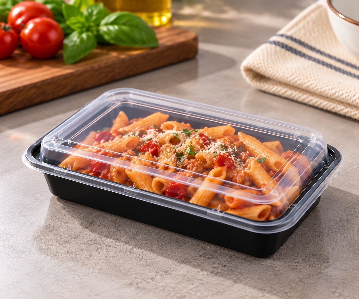 BY CASE - 12oz~58oz Black Rectangular Microwavable Container with Lid - 150/Case