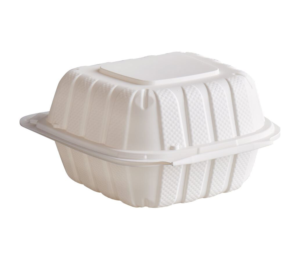 BY CASE - Microwaveable White Plastic Hinged Togo Container 150/Case