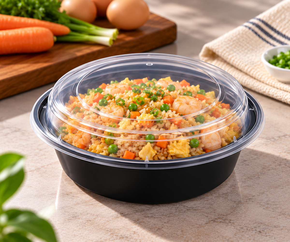 BY CASE - 16oz ~ 48oz Black Round Microwavable Container with Lid - 150/Case