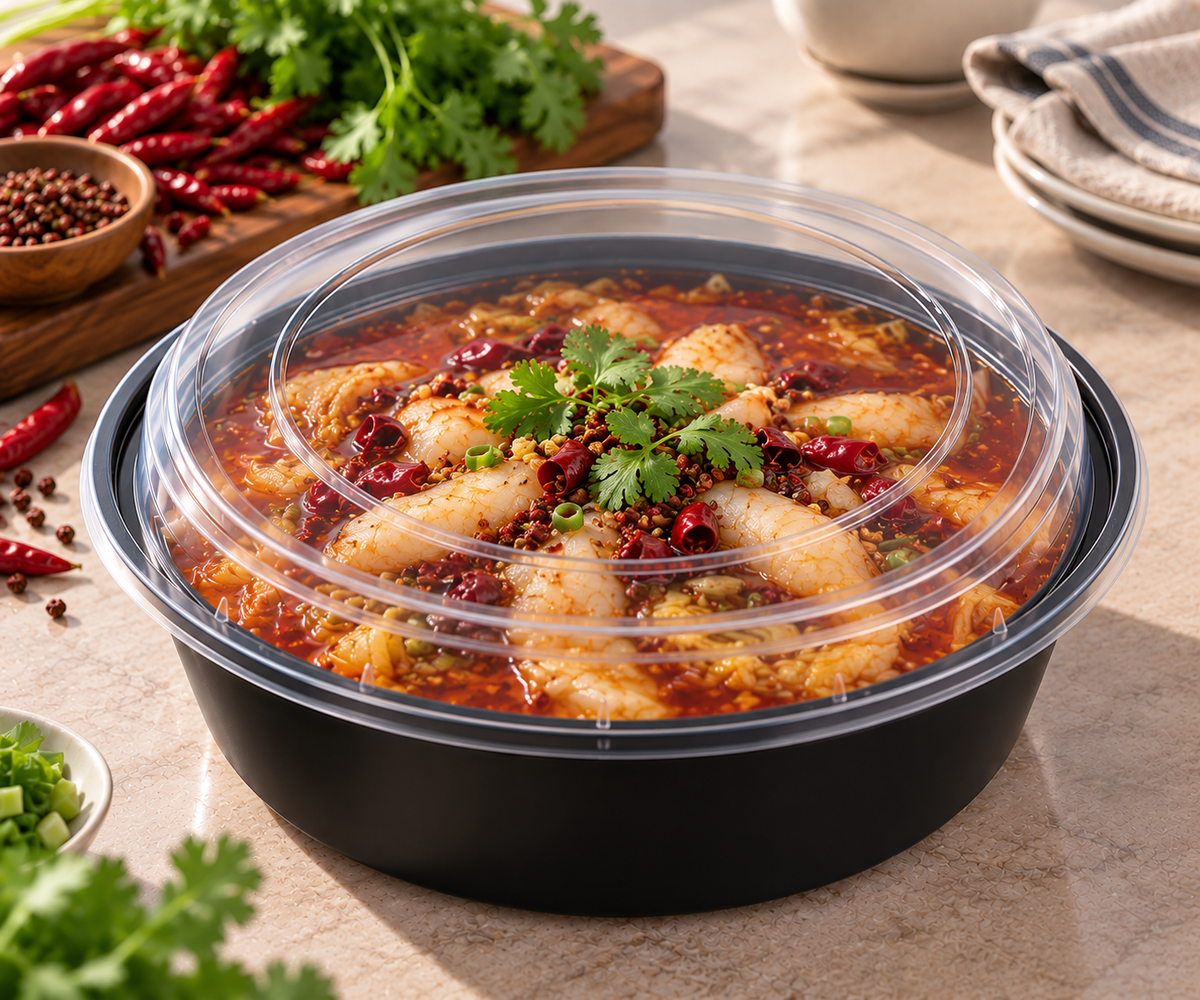 BY CASE - 16oz ~ 48oz Black Round Microwavable Container with Lid - 150/Case