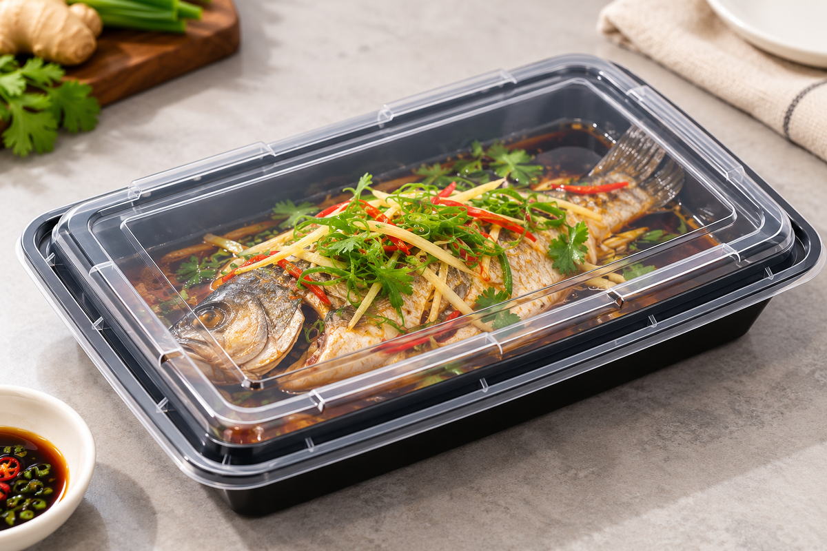 BY CASE - 12oz~58oz Black Rectangular Microwavable Container with Lid - 150/Case