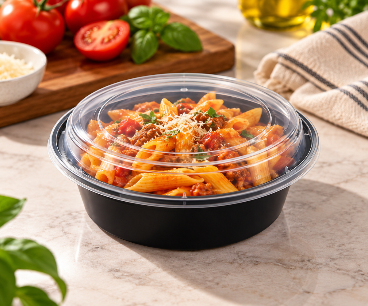 BY CASE - 16oz ~ 48oz Black Round Microwavable Container with Lid - 150/Case